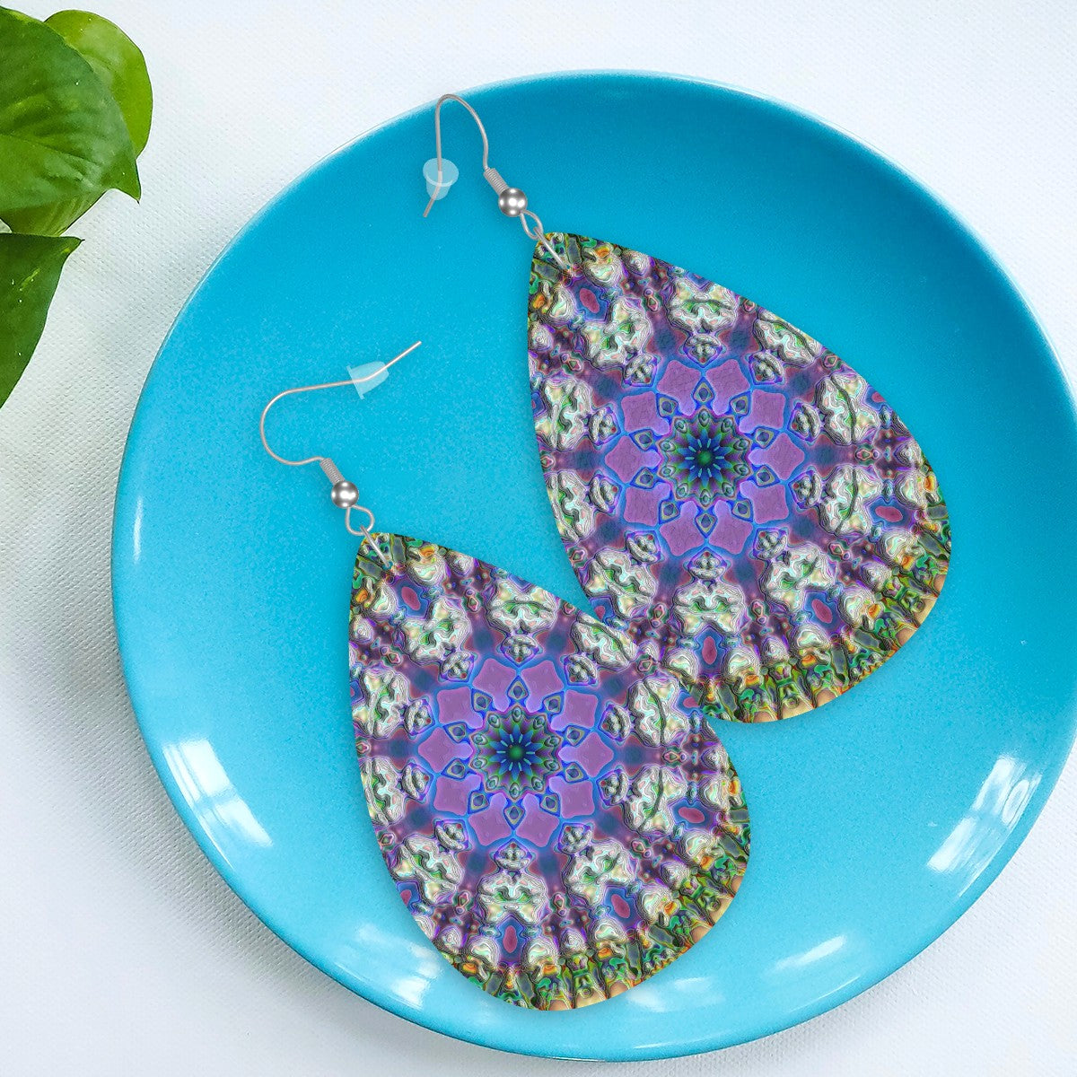 Kaleidoscopic Nebula Leather Teardrop Earrings