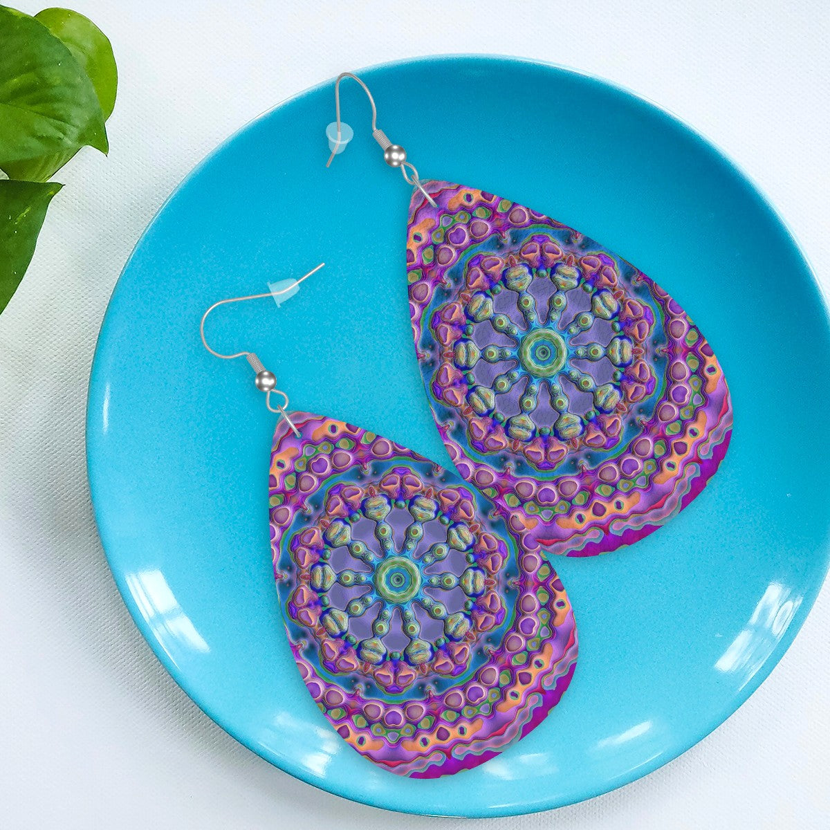 Psychedelic Orbit Leather Teardrop Earrings
