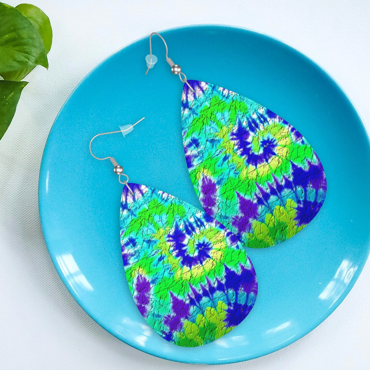 Vibrant Tie-Dye Swirl Leather Teardrop Earrings