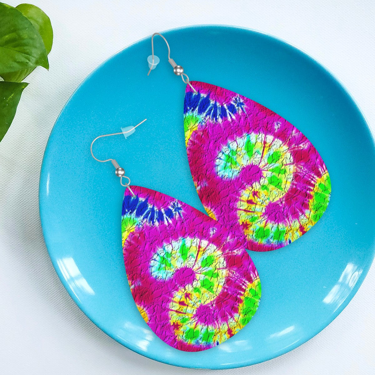 Psychedelic Magenta Swirl Tie-Dye Leather Teardrop Earrings