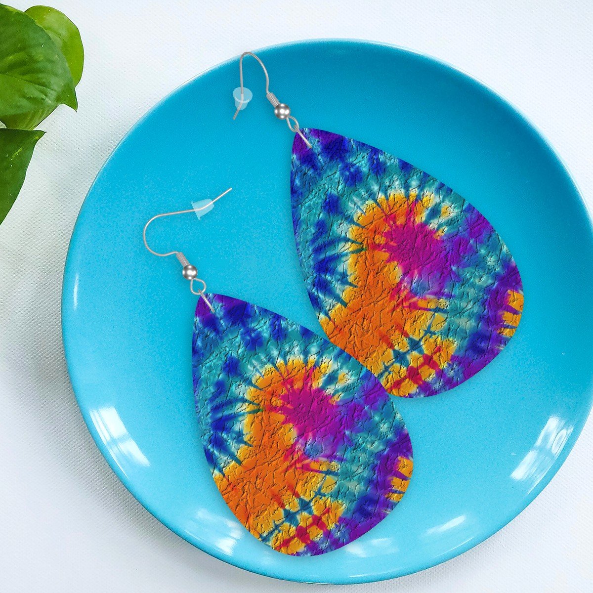 Psychedelic Spiral Tie-Dye Leather Teardrop Earrings