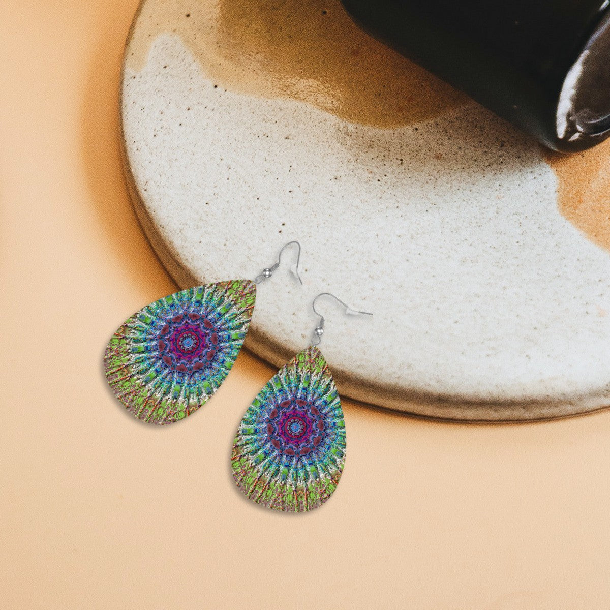 Vibrant Flora Mandala Leather Teardrop Earrings