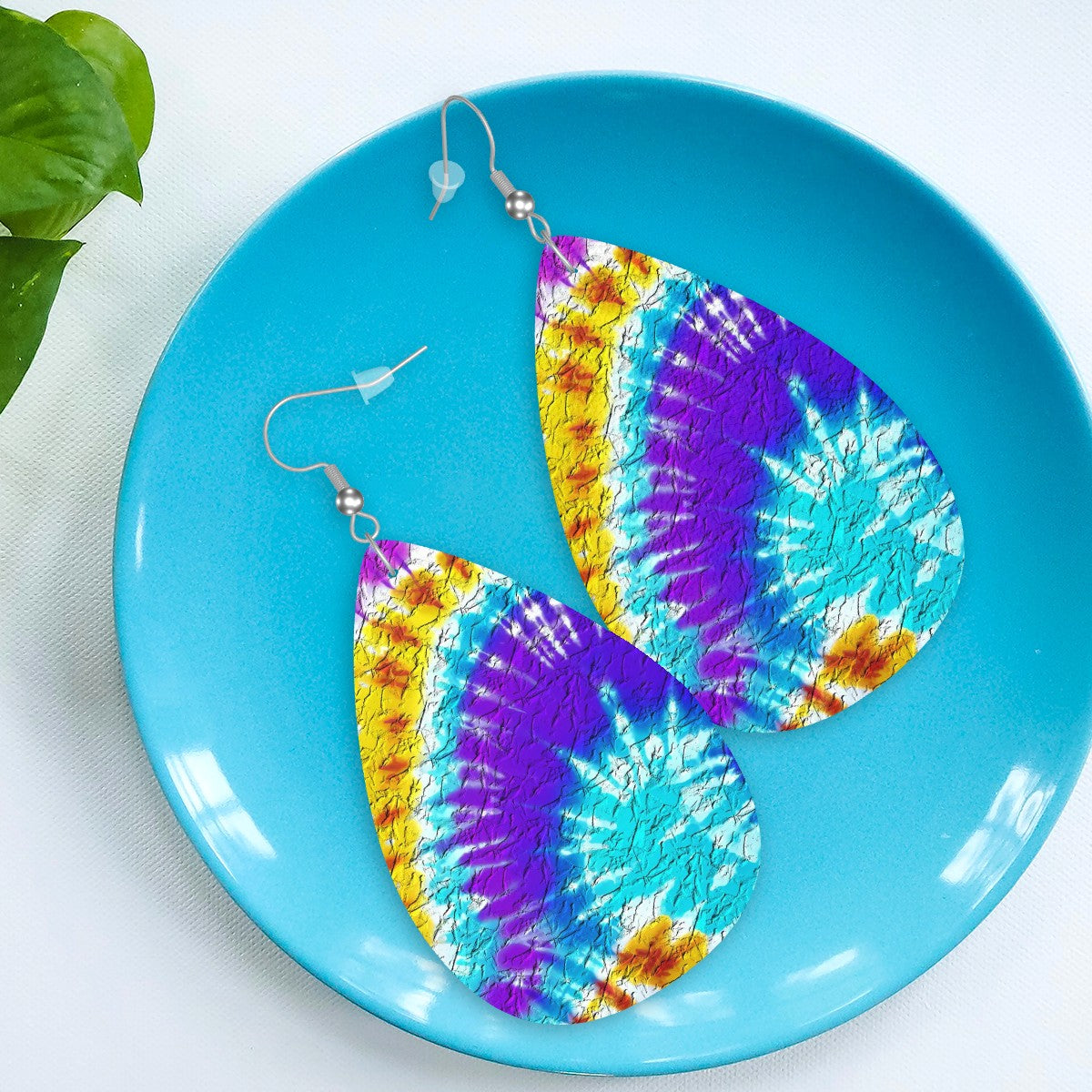 Electric Spiral Tie-Dye Leather Teardrop Earrings