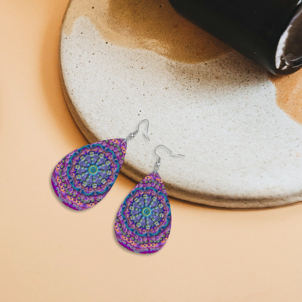 Psychedelic Orbit Leather Teardrop Earrings