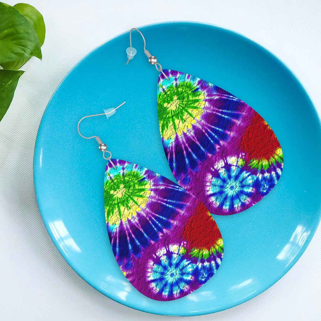 Cosmic Vortex Tie-Dye Leather Teardrop Earrings