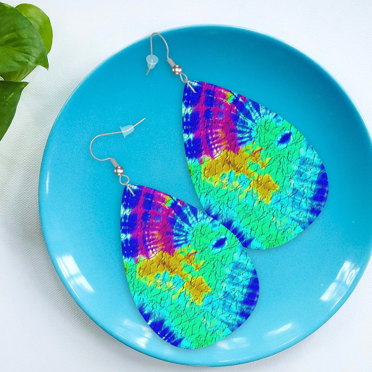 Neon Ripple Tie-Dye Leather Teardrop Earrings