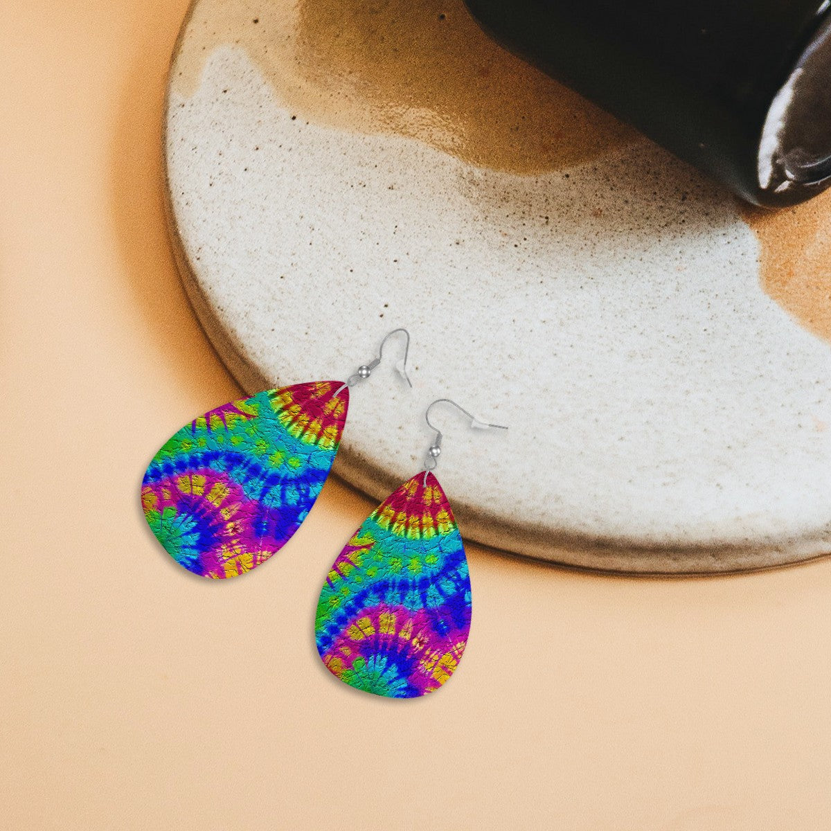 Rainbow Ripple Tie-Dye Leather Teardrop Earrings
