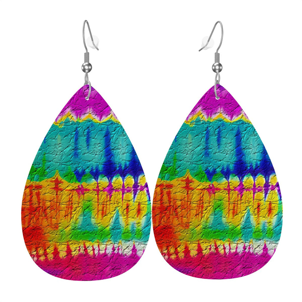 Vibrant Geo-Tie Dye Leather Teardrop Earrings