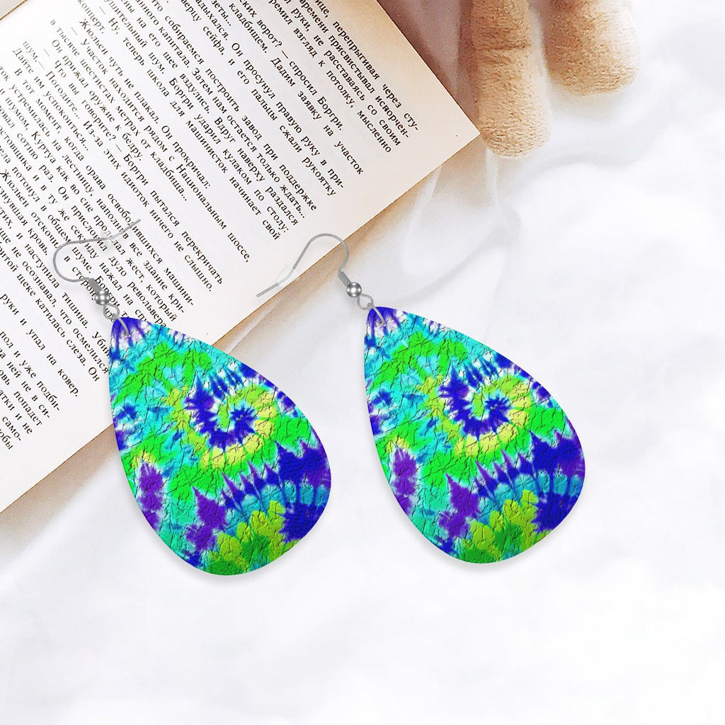 Vibrant Tie-Dye Swirl Leather Teardrop Earrings