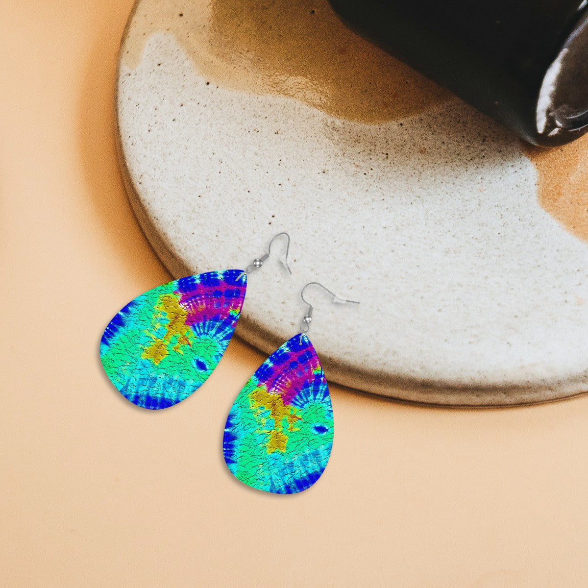 Neon Ripple Tie-Dye Leather Teardrop Earrings