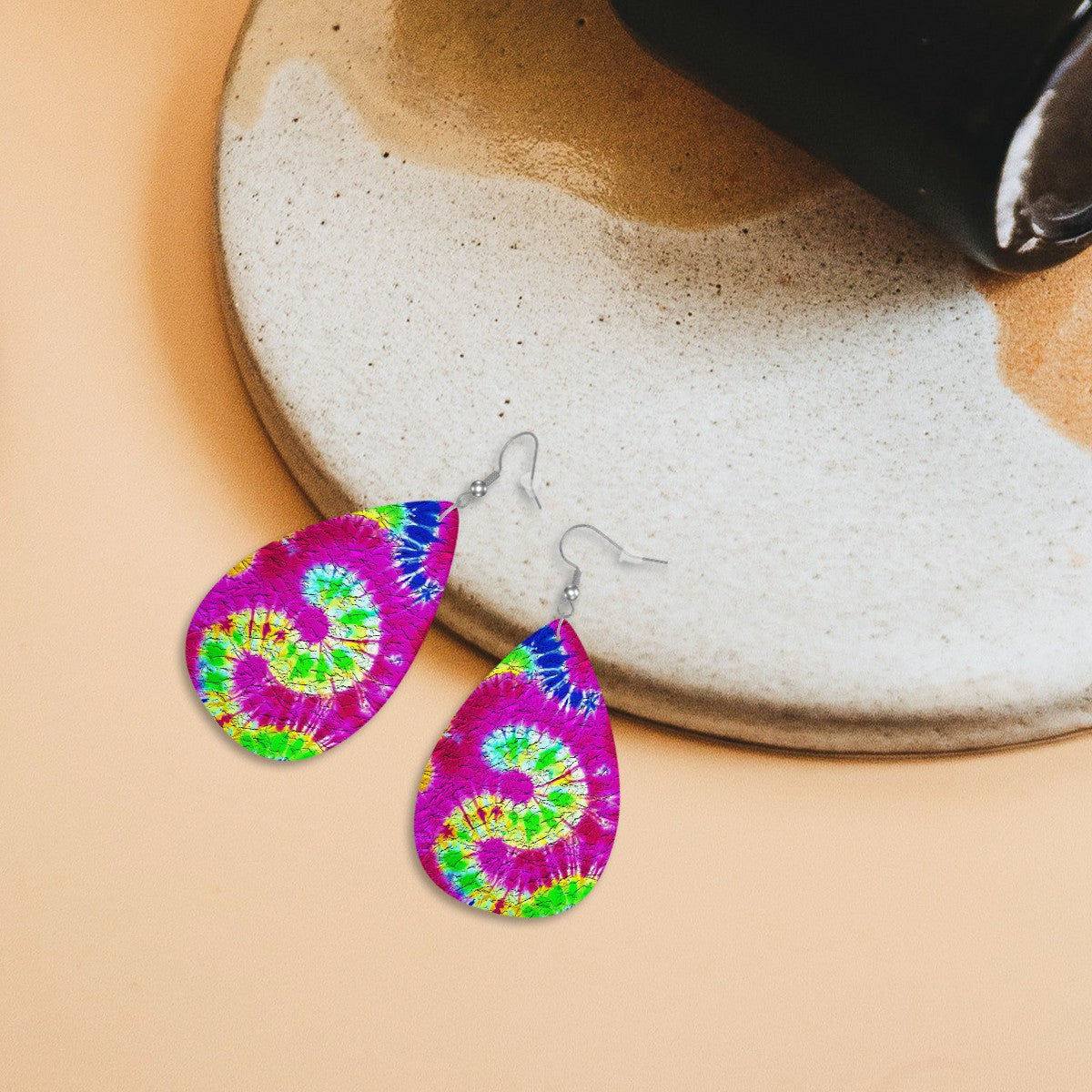 Psychedelic Magenta Swirl Tie-Dye Leather Teardrop Earrings