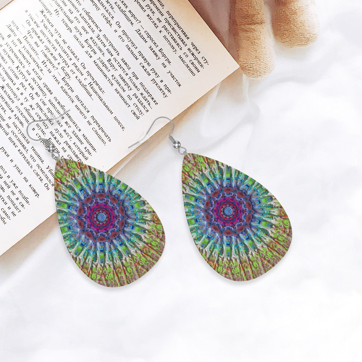 Vibrant Flora Mandala Leather Teardrop Earrings