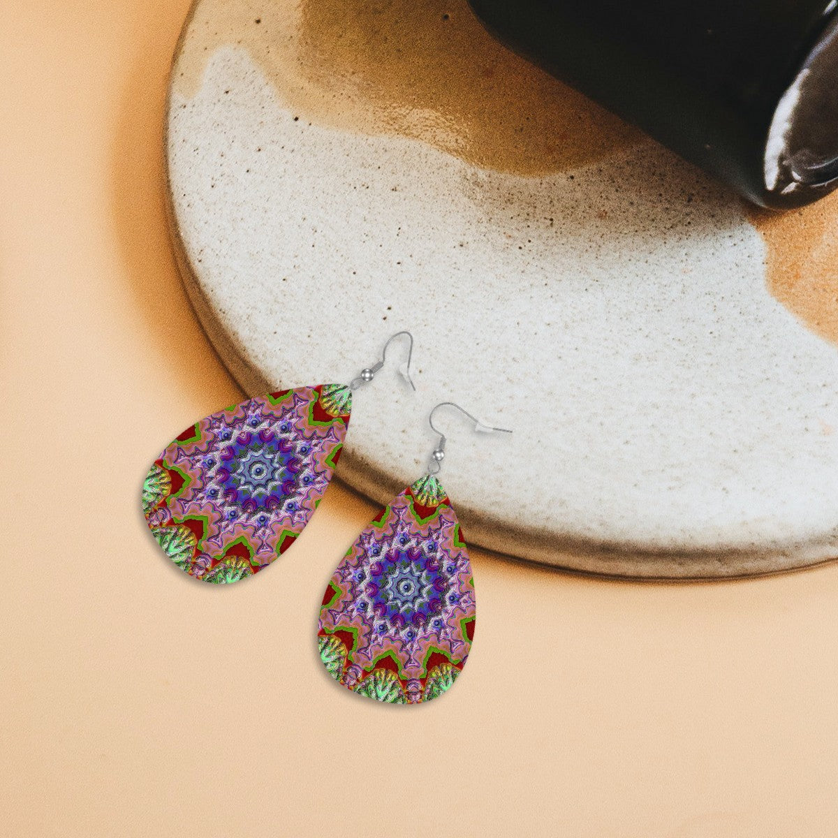 Gemstone Flora Leather Teardrop Earrings
