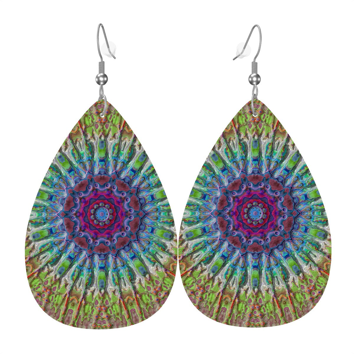 Vibrant Flora Mandala Leather Teardrop Earrings