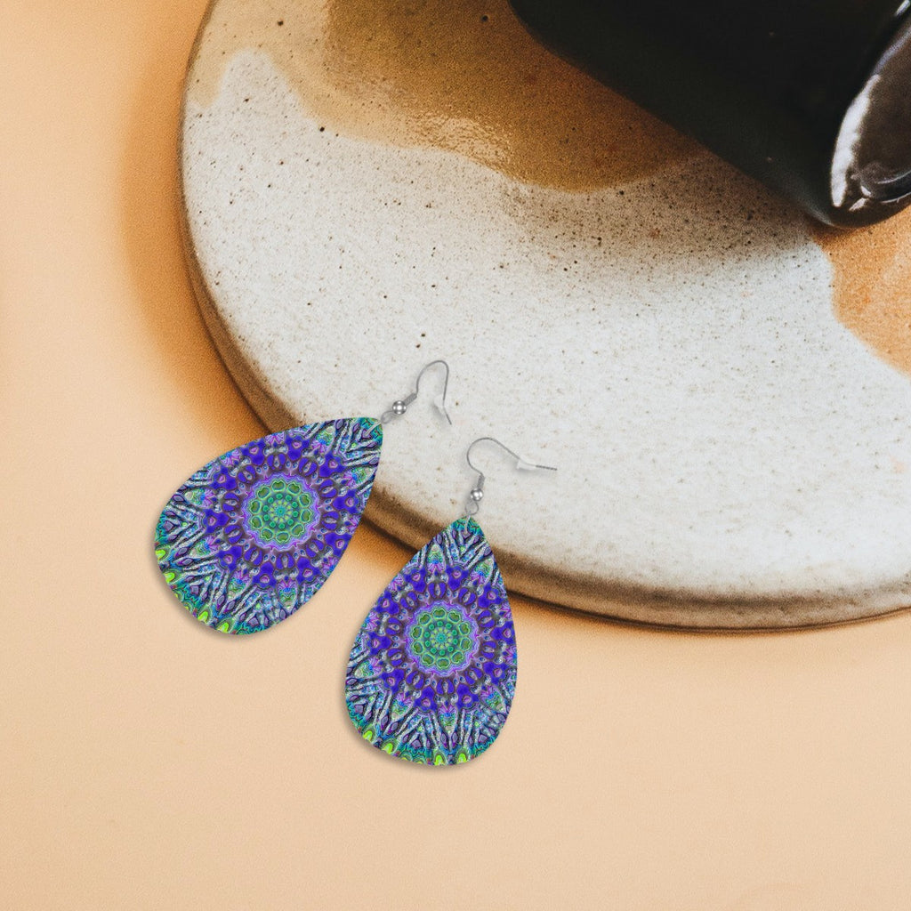 Aqua Bloom Mandala Leather Teardrop Earrings