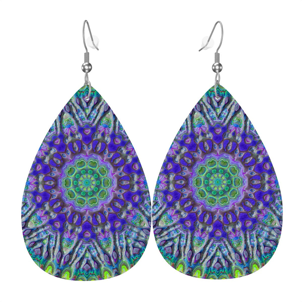Aqua Bloom Mandala Leather Teardrop Earrings
