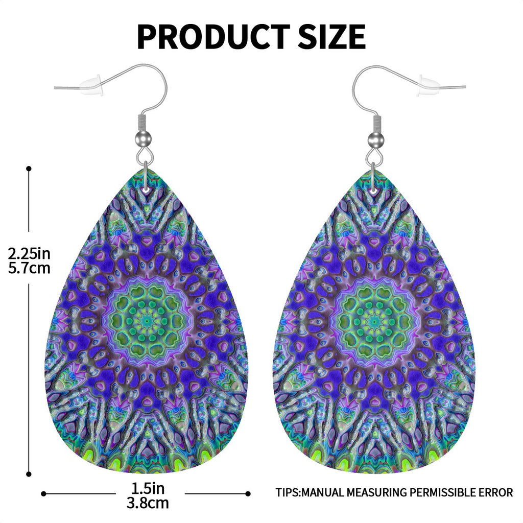 Aqua Bloom Mandala Leather Teardrop Earrings