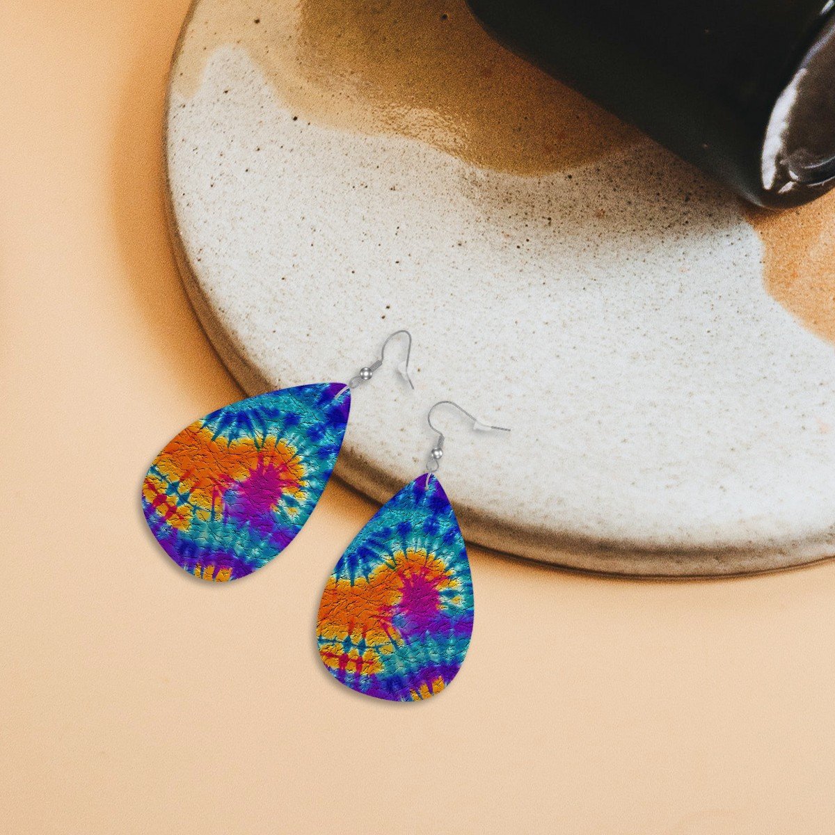 Psychedelic Spiral Tie-Dye Leather Teardrop Earrings
