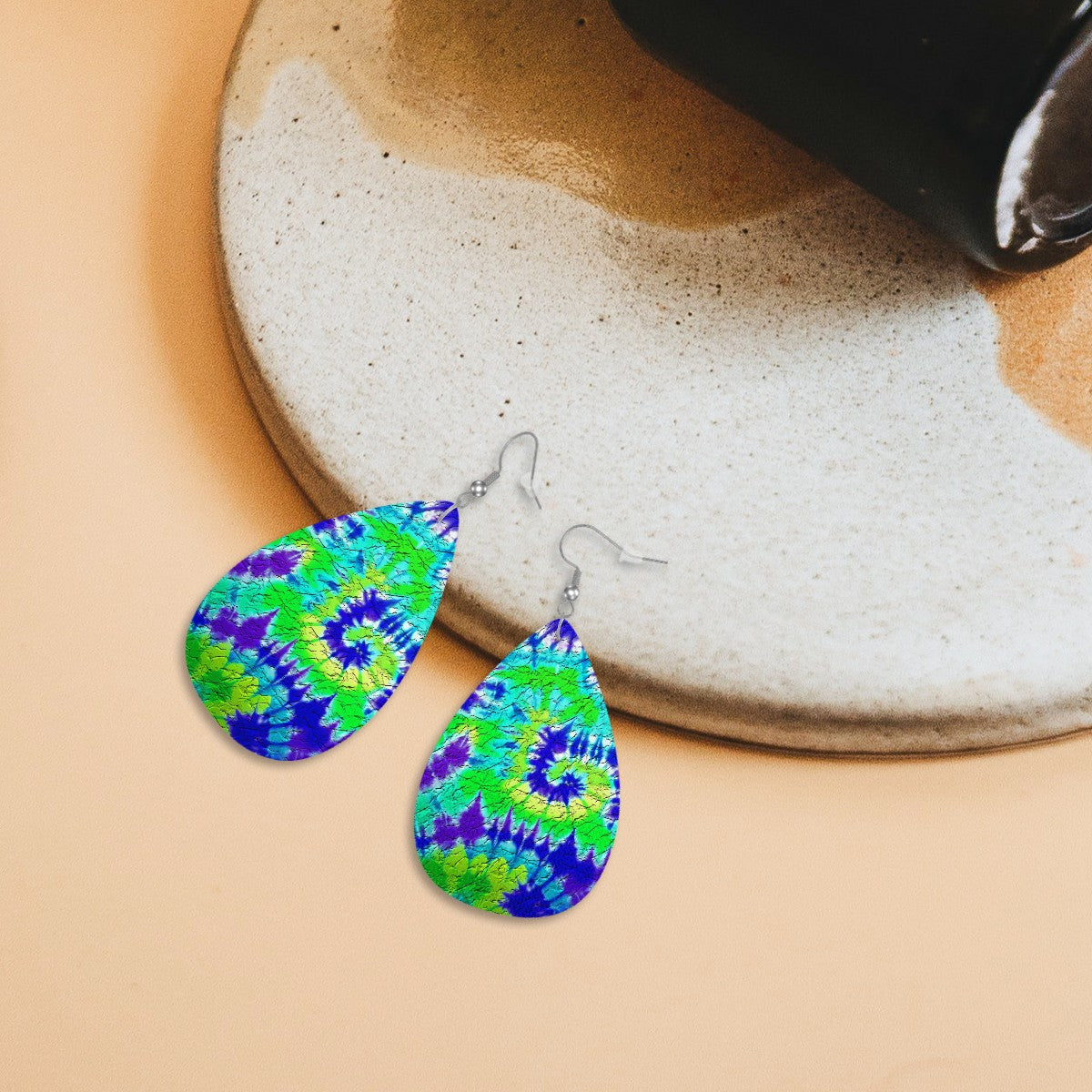 Vibrant Tie-Dye Swirl Leather Teardrop Earrings
