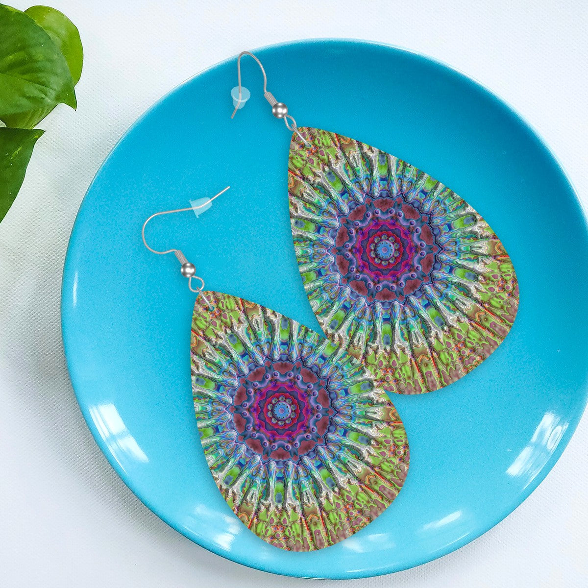 Vibrant Flora Mandala Leather Teardrop Earrings