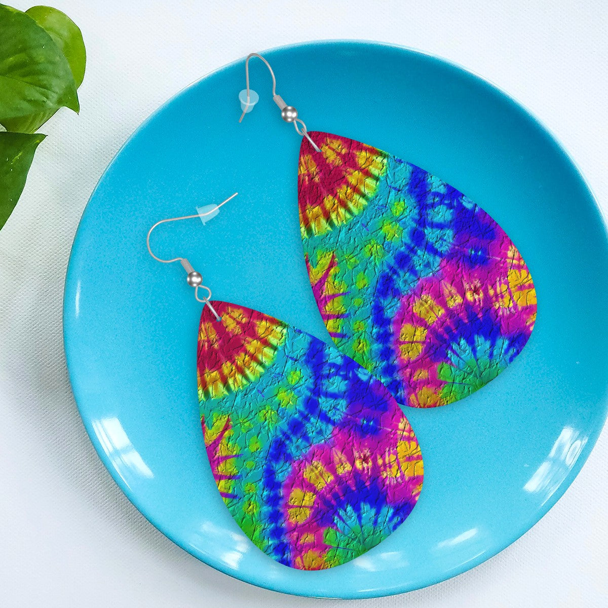 Rainbow Ripple Tie-Dye Leather Teardrop Earrings