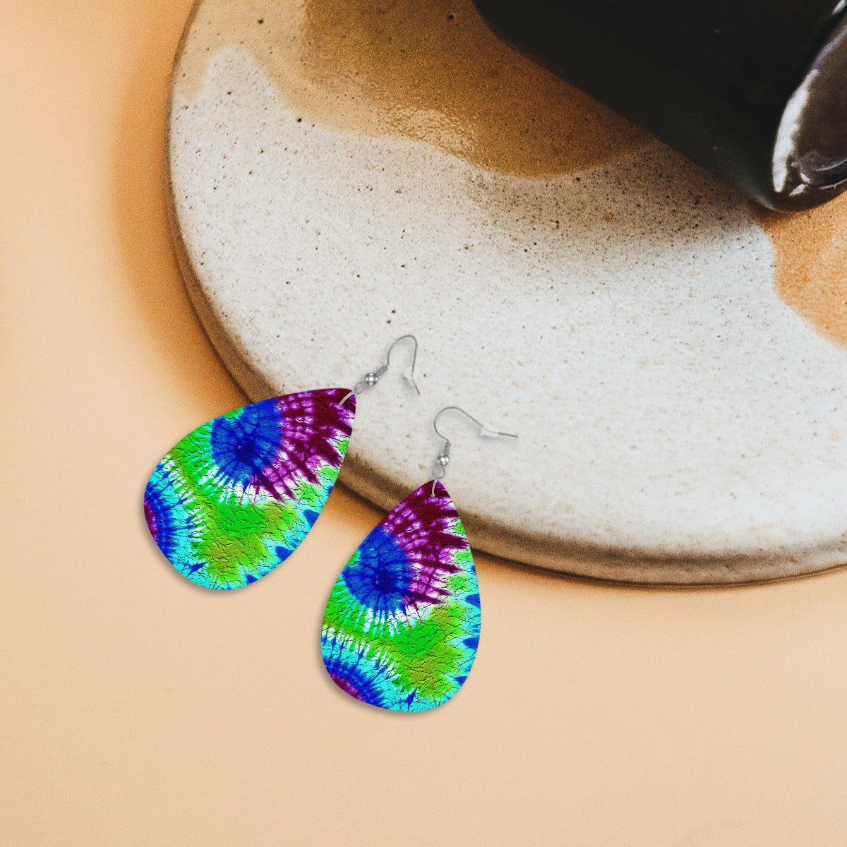 Psychedelic Vortex Leather Teardrop Earrings