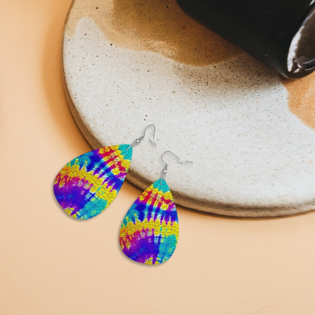 Cracked Rainbow Leather Teardrop Earrings