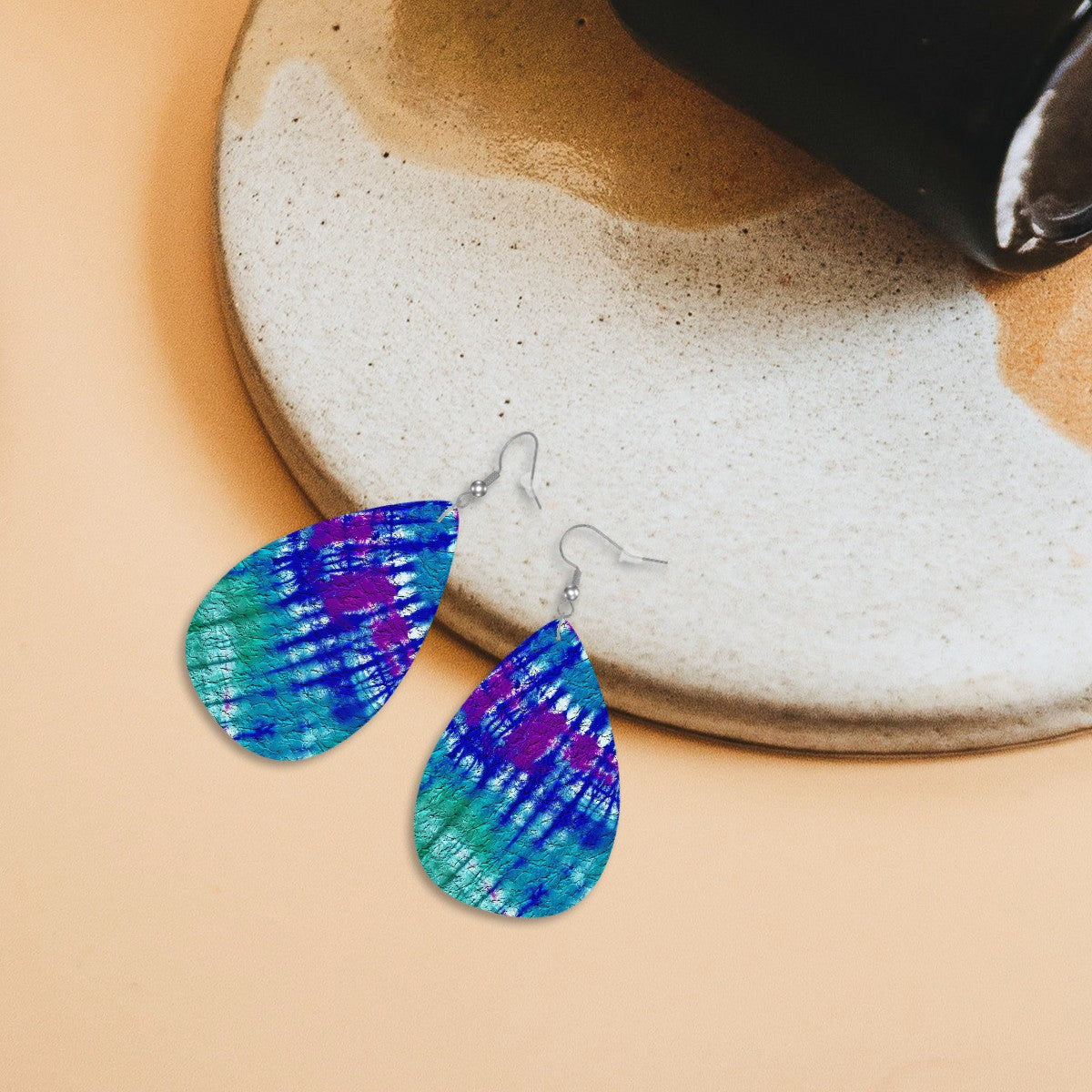 Electric Shard Tie-Dye Leather Teardrop Earrings