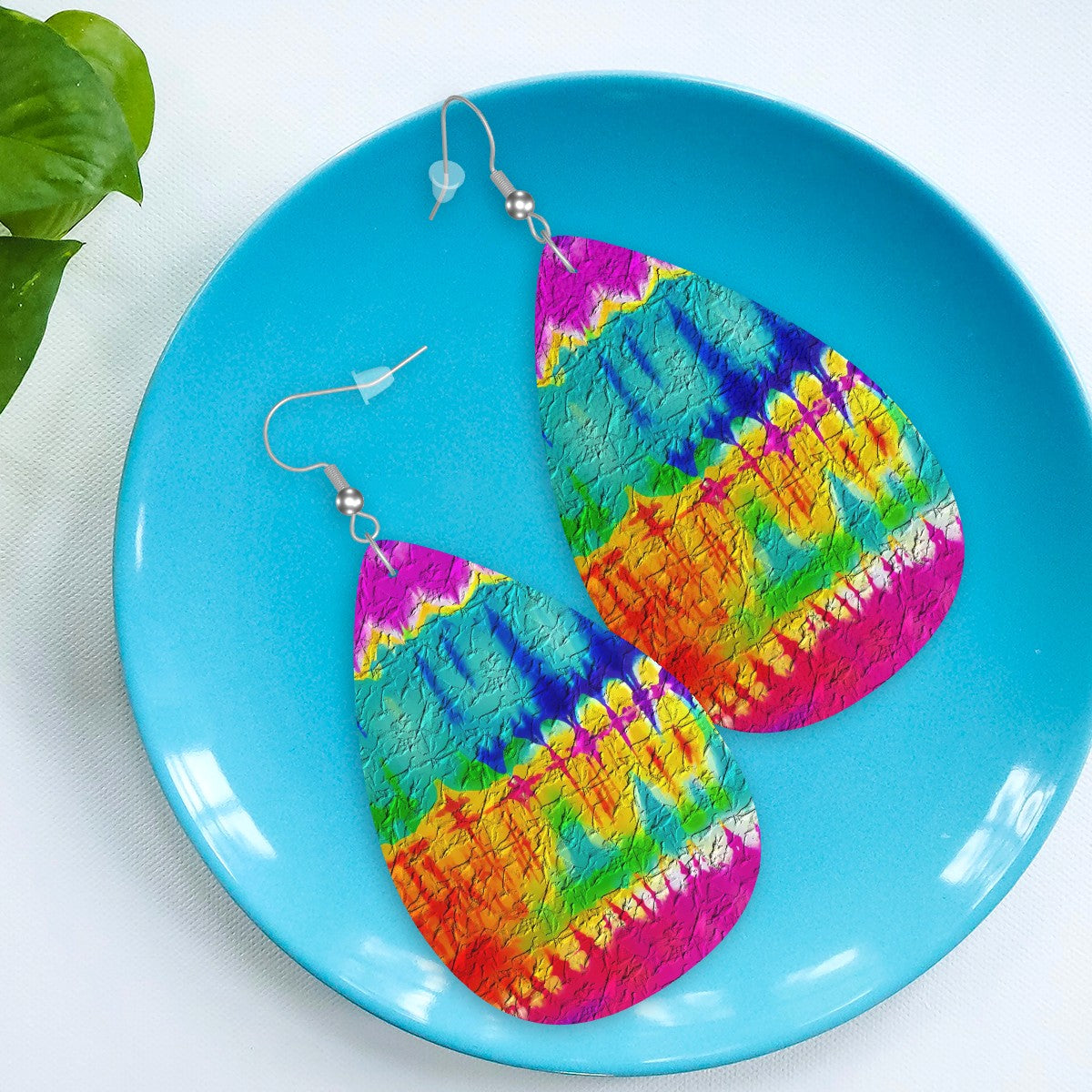 Vibrant Geo-Tie Dye Leather Teardrop Earrings