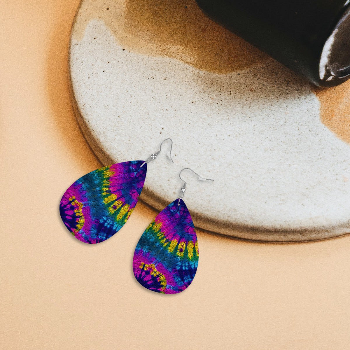 Chromatic Vortex Leather Teardrop Earrings
