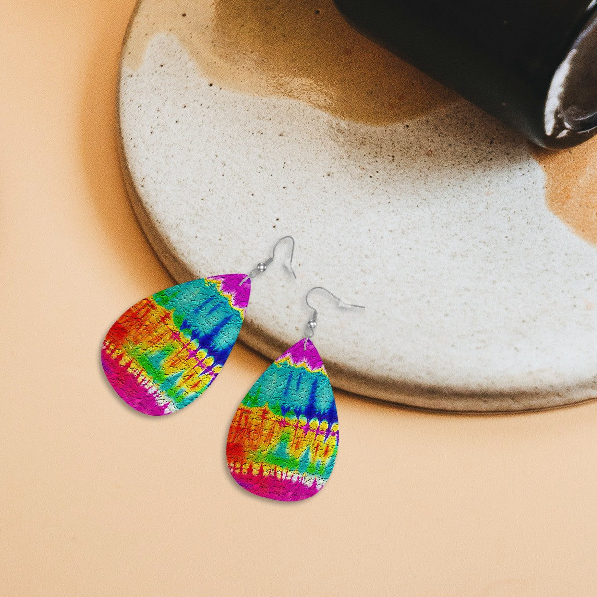 Vibrant Geo-Tie Dye Leather Teardrop Earrings