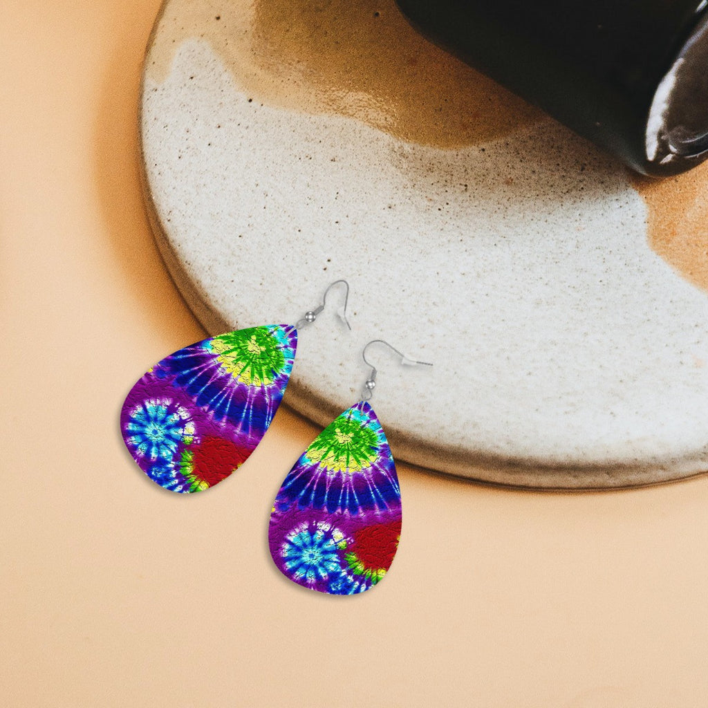 Cosmic Vortex Tie-Dye Leather Teardrop Earrings