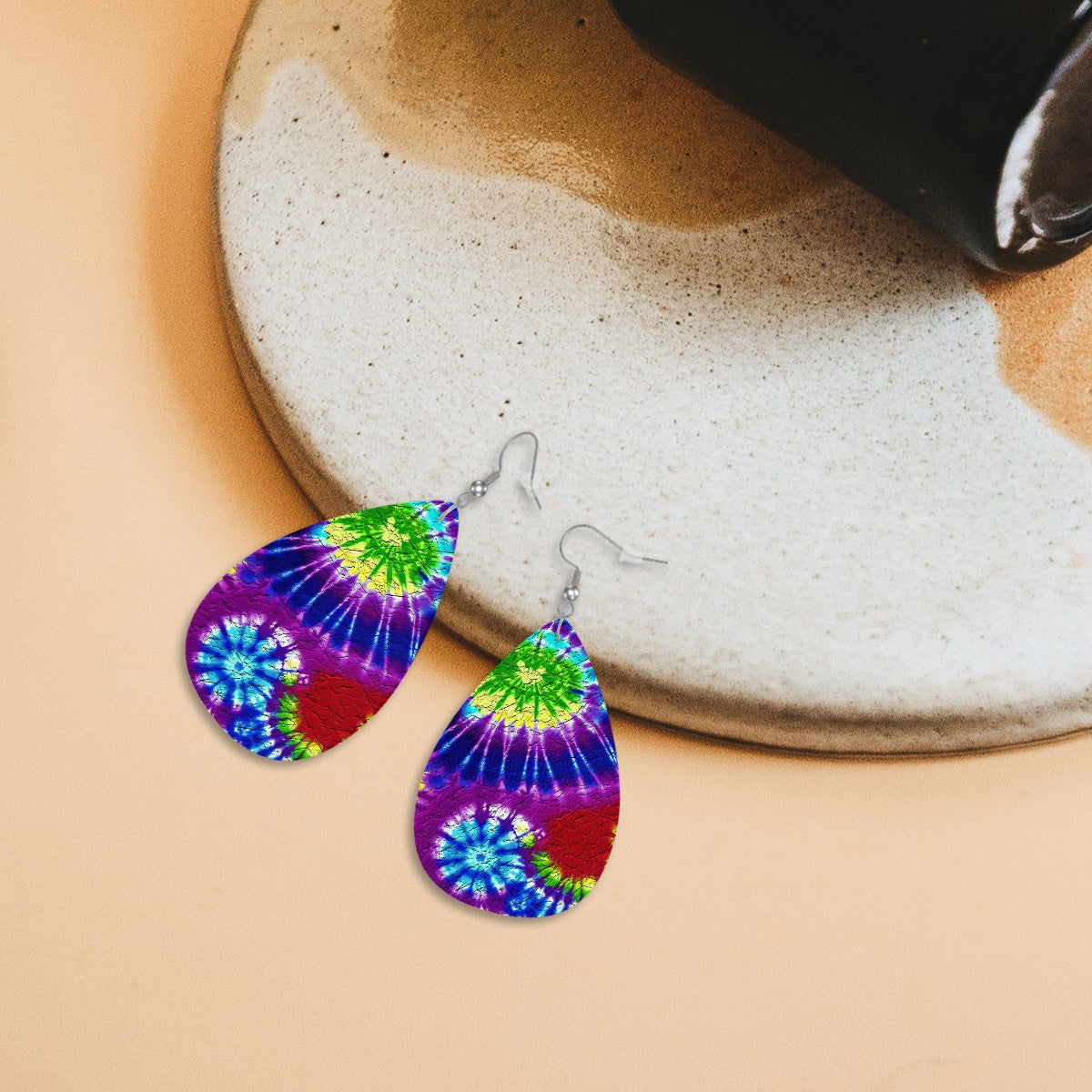 Cosmic Vortex Tie-Dye Leather Teardrop Earrings