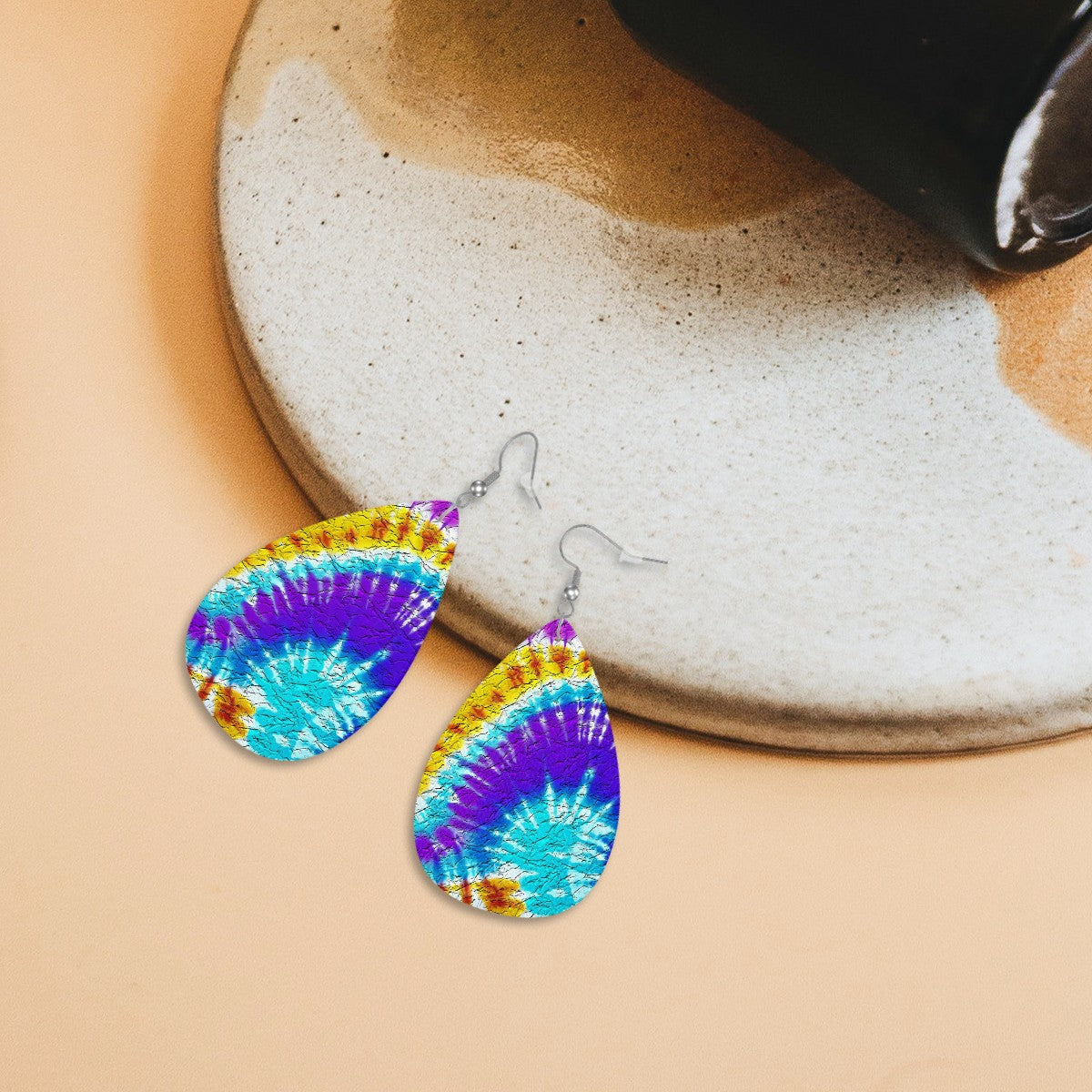Electric Spiral Tie-Dye Leather Teardrop Earrings